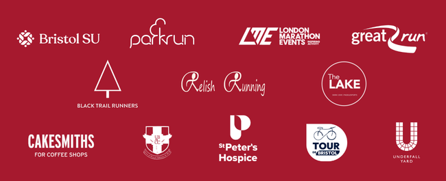 Our 2026/27 partners are Bristol Students Union, Parkrun, London Marathon Events, the Great Run Company, Black Trail Runners, Relish Running, The Lake at Cromhall Quarry, Cakesmiths, University of Bristol Athletics and Cross Country Club, St Peters Hospice, Tour de Bristol and Underfall Yard.